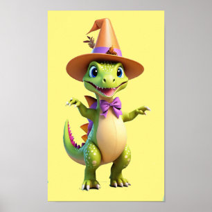 Cute green magician dinosaur poster