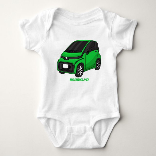 Cute green micro sized car baby bodysuit (Front)