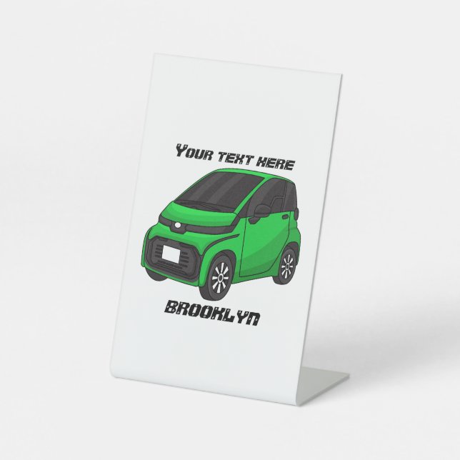 Cute green micro sized car  pedestal sign (Front)