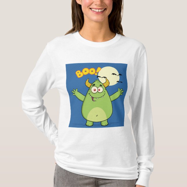 Cute Green Monster Halloween Boo T-Shirt (Front)