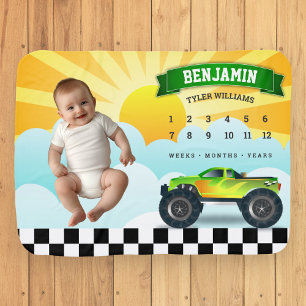 Cute Green Monster Truck Monthly Milestone Baby Blanket