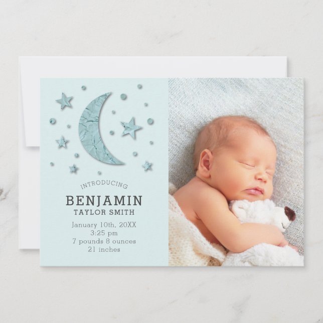 Cute Green Moon and Stars Baby Photo Birth Announcement (Front)