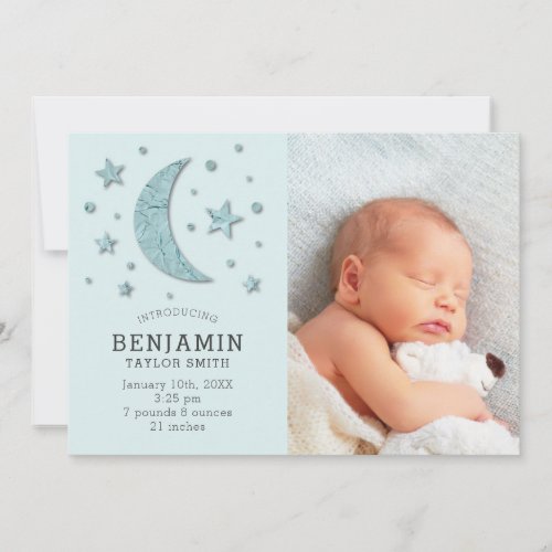 Cute Green Moon and Stars Baby Photo Birth Announcement