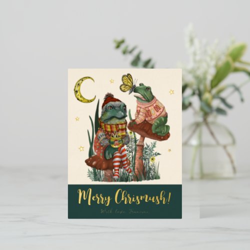 Cute Green Mushroom Frog and Toad Merry Christmas  Foil Holiday Postcard