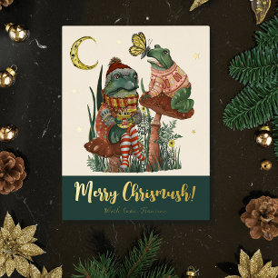 Cute Green Mushroom Frog and Toad Merry Christmas  Foil Holiday Postcard