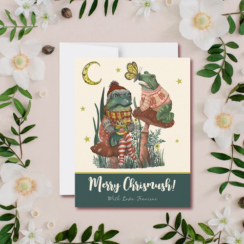 Cute Green Mushroom Frog and Toad Merry Christmas  Holiday Card