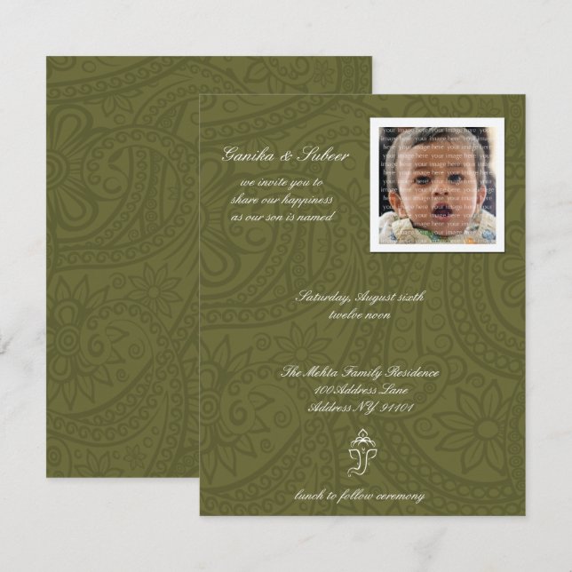 Cute Green Namkaran Baby Naming Invitations (Front/Back)