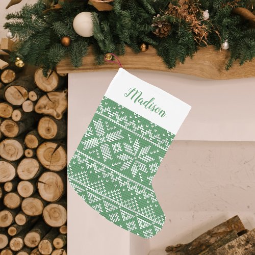 Cute Green Nordic Snowflake Sweater Pattern Small Christmas Stocking