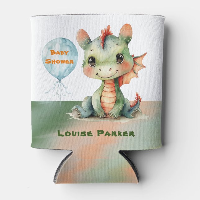 Cute Green Orange Dragon Boy Baby Shower  Can Cooler (Front)