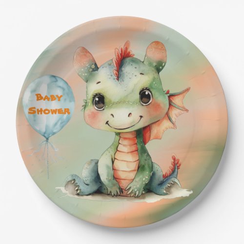 Cute Green Orange Dragon Boy Baby Shower Paper Plates