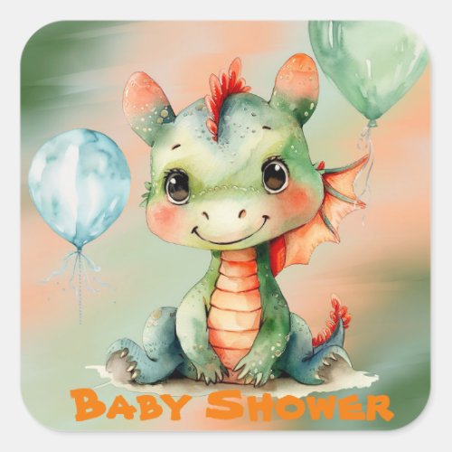 Cute Green Orange Dragon Boy Baby Shower Square Sticker