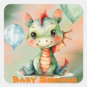 Cute Green Orange Dragon Boy Baby Shower Square Sticker