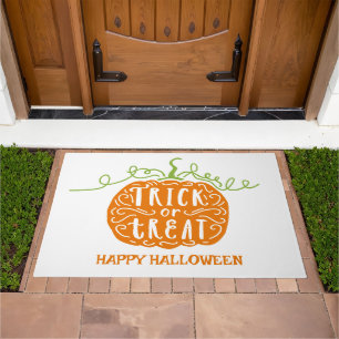 Cute Green Orange Pumpkin Trick or Treat Halloween Doormat