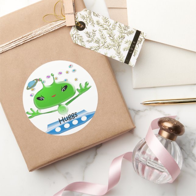 Cute Green Outer Space Alien Hug Spaceship Classic Round Sticker (Gifting)