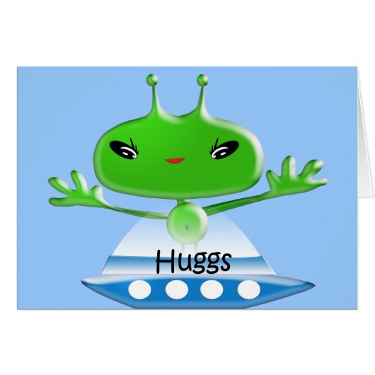 Cute Green Outer Space Alien Hugs with Spaceship Cards (Front Horizontal)