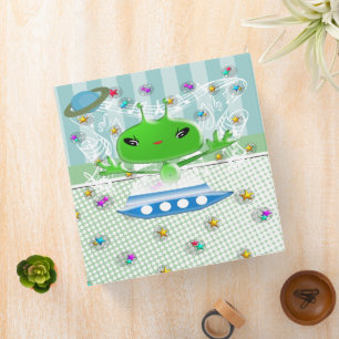 Cute Green Outer Space Aliens with Space Ship 3 Ring Binder