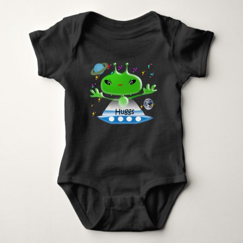 Cute Green Outer Space Aliens with Space Ship Baby Bodysuit