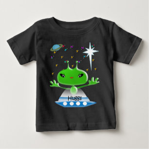 Cute Green Outer Space Aliens with Space Ship Baby T-Shirt