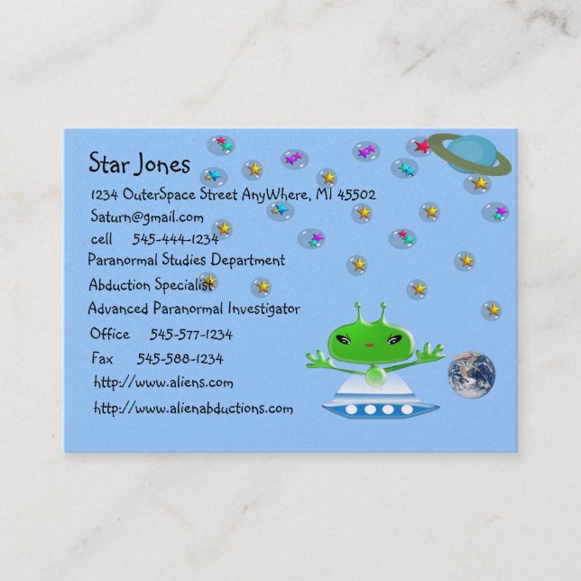 Cute Green Outer Space Aliens with Space Ship Business Card (Front)
