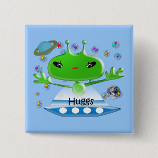 Cute Green Outer Space Aliens with Space Ship Button
