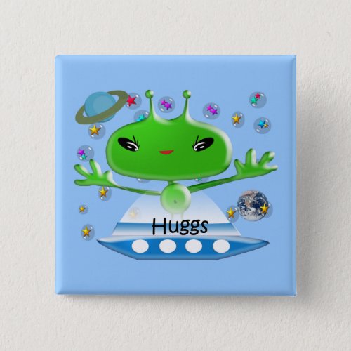Cute Green Outer Space Aliens with Space Ship Button
