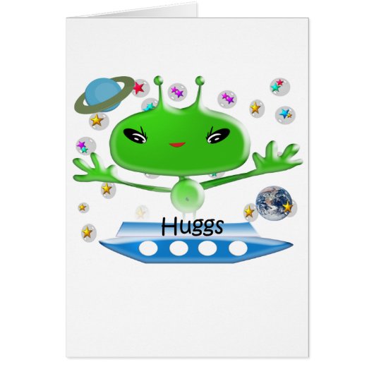 Cute Green Outer Space Aliens with Space Ship Cards (Front)