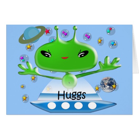 Cute Green Outer Space Aliens with Space Ship Cards (Front Horizontal)