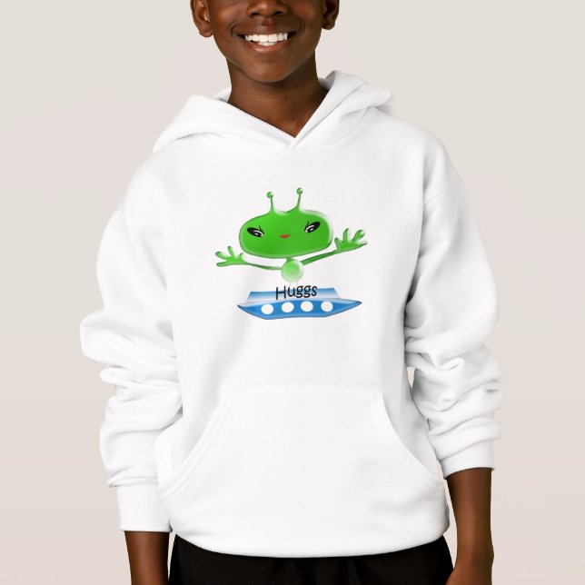 Cute Green Outer Space Aliens with Space Ship Hoodie (Front)