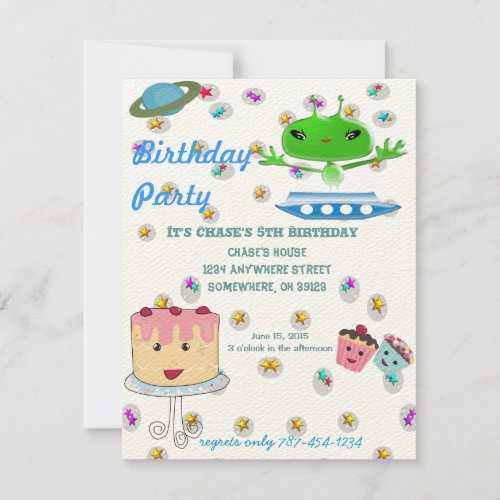 Cute Green Outer Space Aliens with Space Ship Invitation