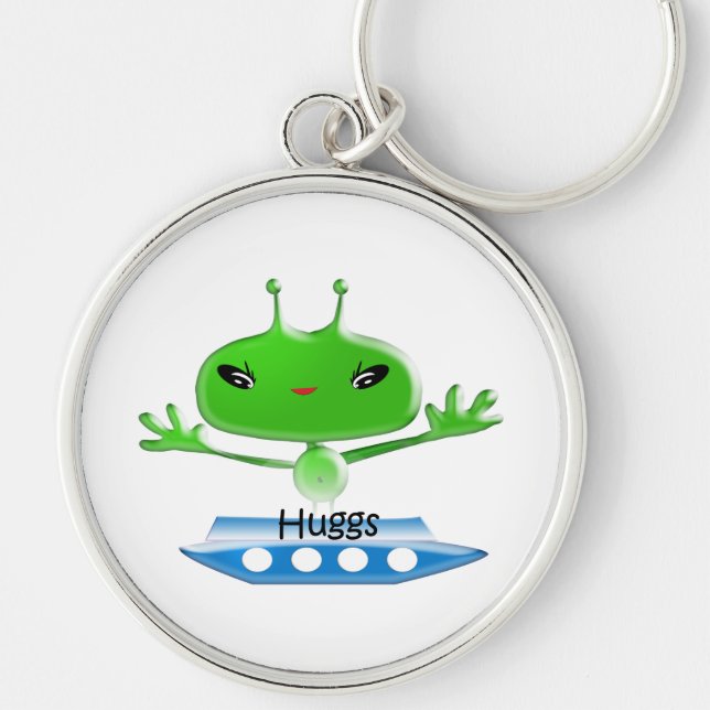 Cute Green Outer Space Aliens with Space Ship Keychain (Front)
