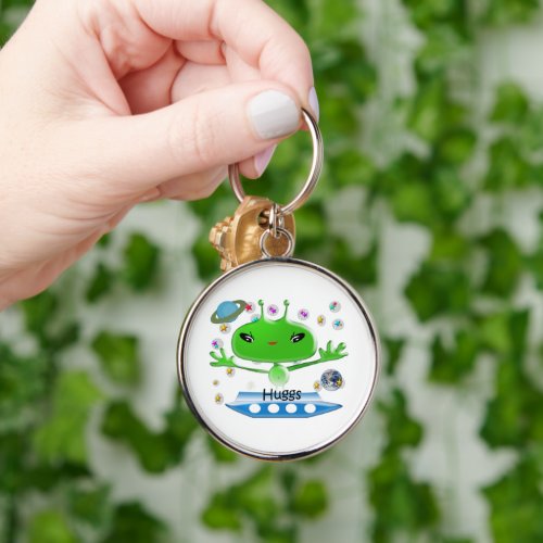 Cute Green Outer Space Aliens with Space Ship Keychain