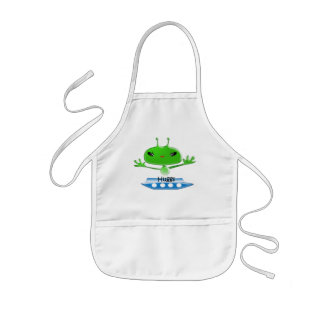 Cute Green Outer Space Aliens with Space Ship Kids' Apron