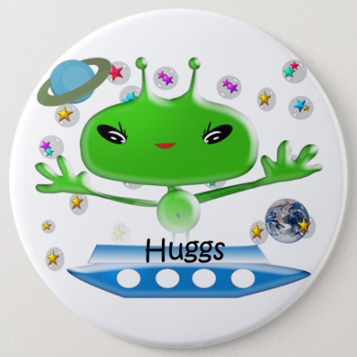 Cute Green Outer Space Aliens with Space Ship Pinback Button