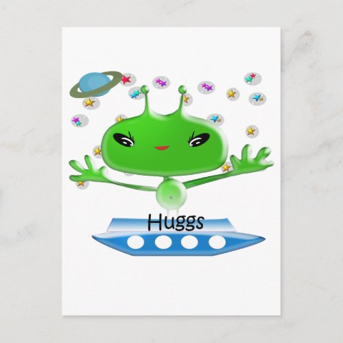 Cute Green Outer Space Aliens with Space Ship Postcard