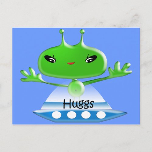 Cute Green Outer Space Aliens with Space Ship Postcard