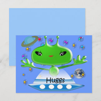 Cute Green Outer Space Aliens with Space Ship Postcard