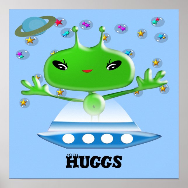 Cute Green Outer Space Aliens with Space Ship Poster (Front)