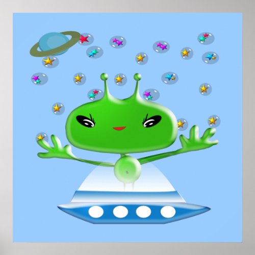 Cute Green Outer Space Aliens with Space Ship Poster