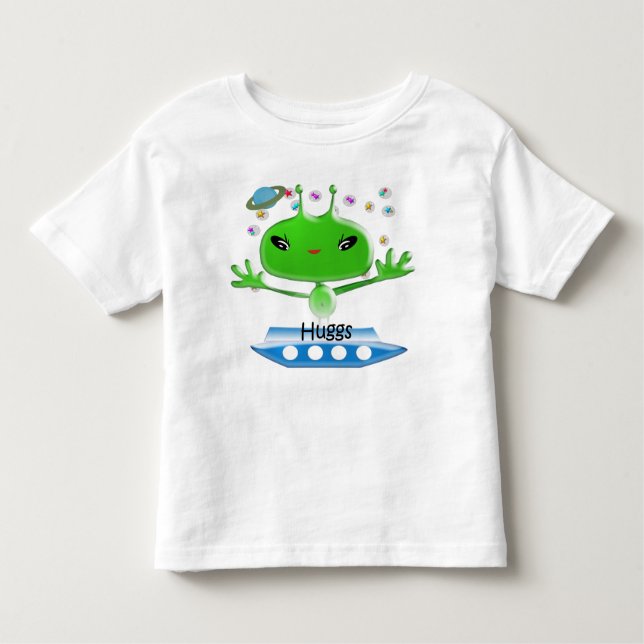 Cute Green Outer Space Aliens with Space Ship Toddler T-shirt (Front)