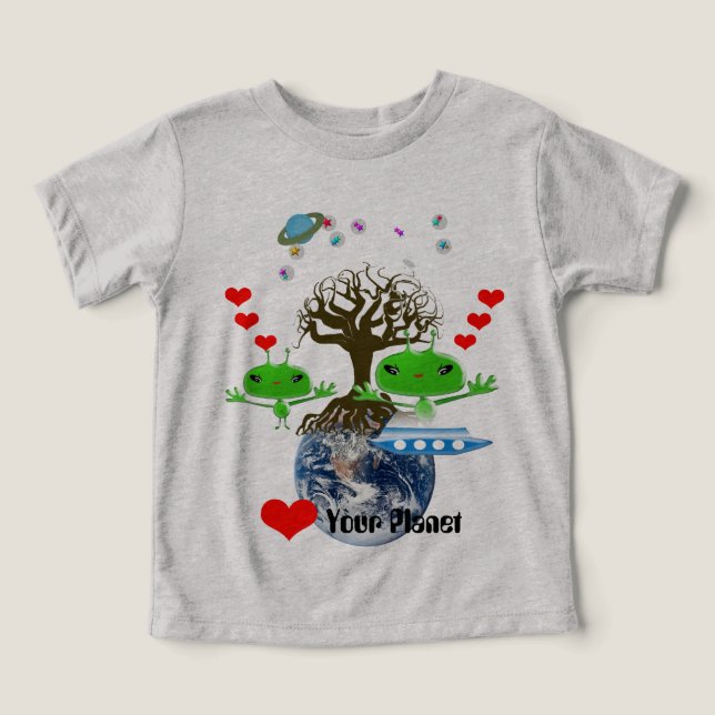 Cute Green Outer Space Aliens with Space Ship Toddler T-shirt (Design Front)
