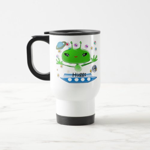 Cute Green Outer Space Aliens with Space Ship Travel Mug