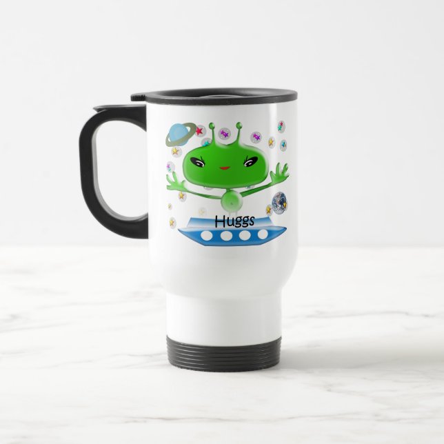 Cute Green Outer Space Aliens with Space Ship Travel Mug (Left)