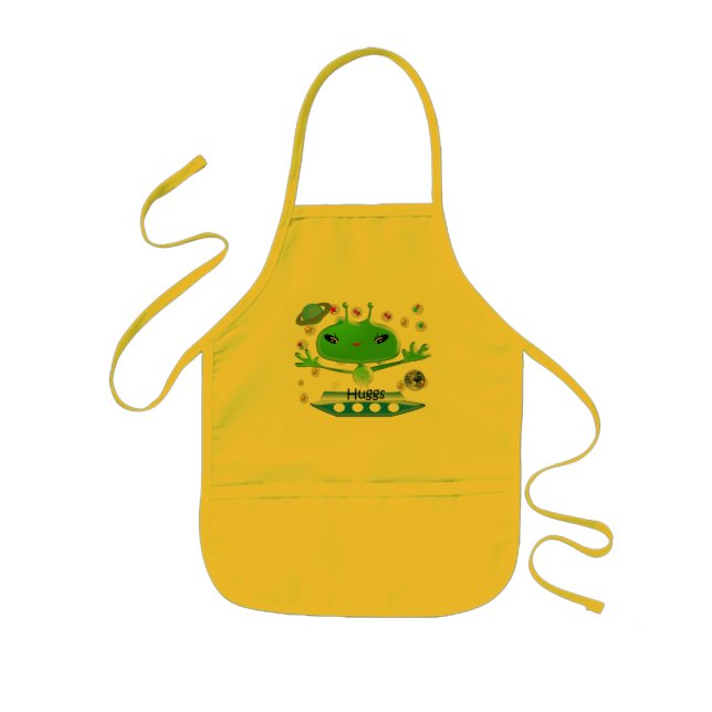 Cute Green Outer Space Aliens with Spaceship Kids' Apron (Front)