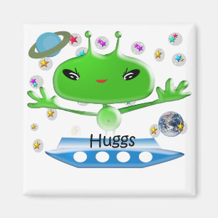 Cute Green Outer Space Aliens with Spaceship Magnet