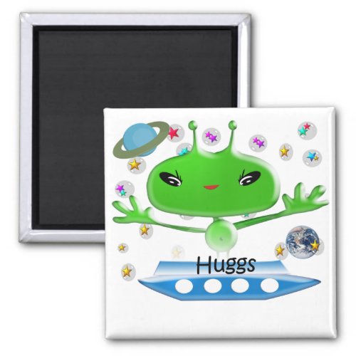 Cute Green Outer Space Aliens with Spaceship Magnet