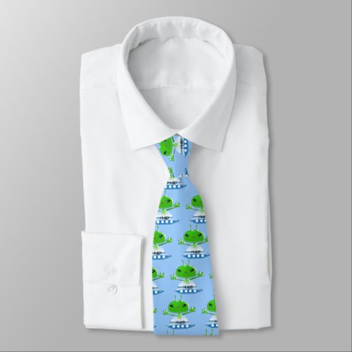 Cute Green Outer Space Aliens with Spaceship Neck Tie