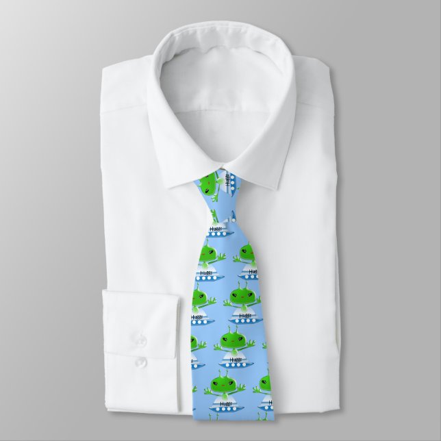 Cute Green Outer Space Aliens with Spaceship Neck Tie (Tied)