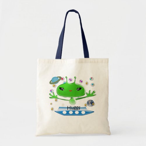 Cute Green Outer Space Aliens with Spaceship Tote Bag