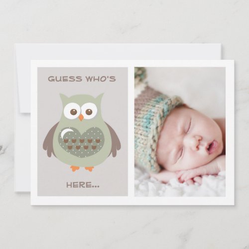 CUTE GREEN OWL BABY ANNOUNCEMENT PHOTO CARD