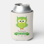 Cute Green Owl Baby Shower Can Cooler at Zazzle